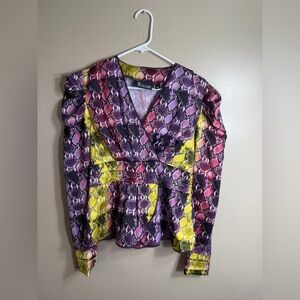 7th Avenue NY & Co Snake Print Peplum Blouse Small Puff Sleeve Purple Pink